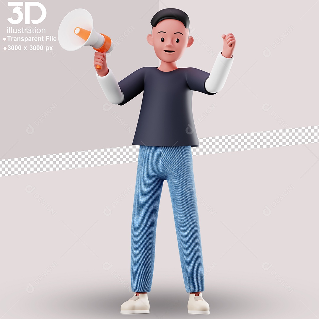 Personagem Segurando Alto Falante Elemento 3D para Composição PSD
