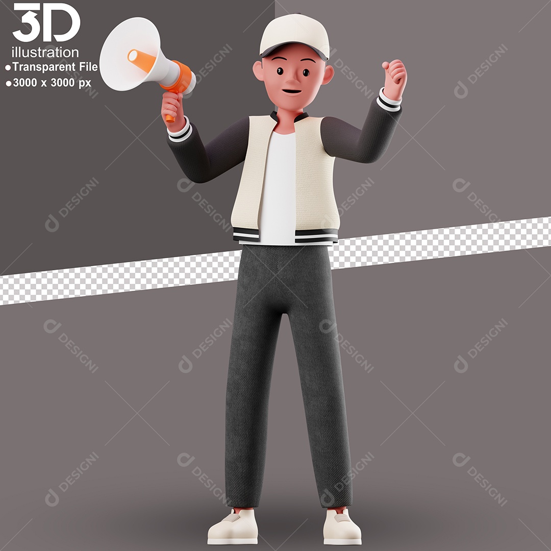 Personagem Segurando Alto Falante Elemento 3D para Composição PSD