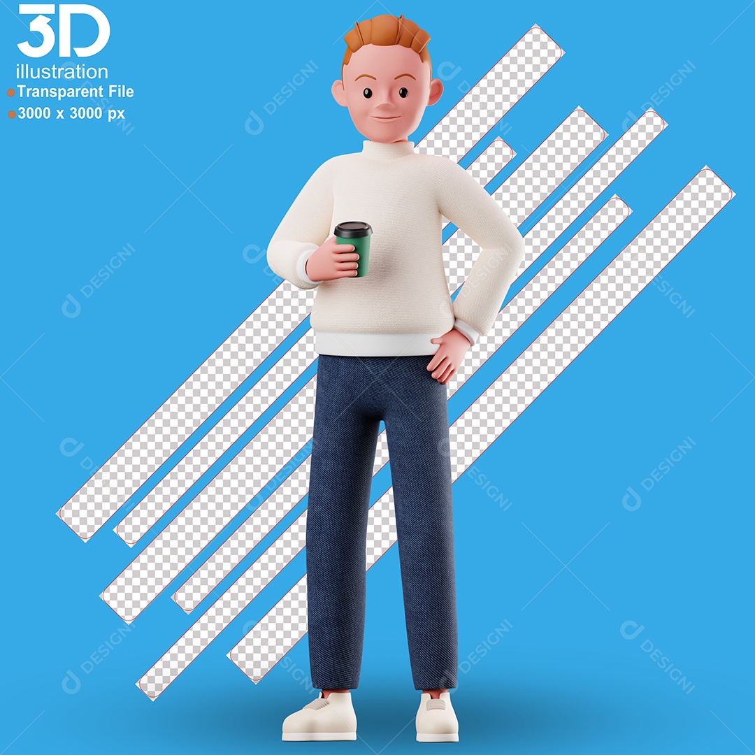 Personagem Segurando Copo Feliz Elemento 3D para Composição PSD