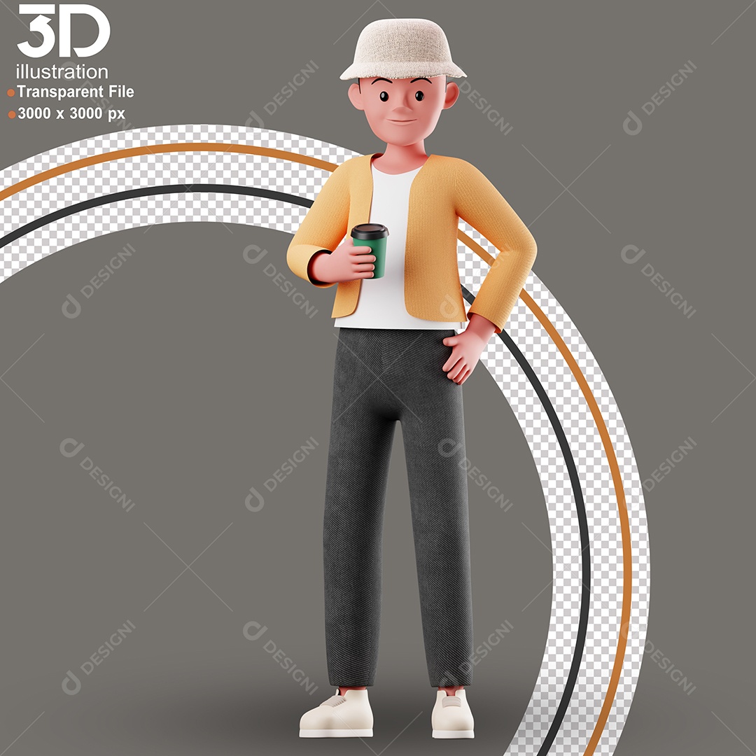 Personagem Segurando Copo de Café Elemento 3D para Composição PSD