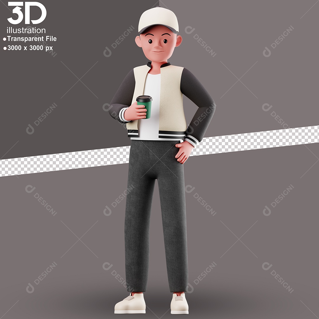 Personagem Segurando Copo Elemento 3D para Composição PSD
