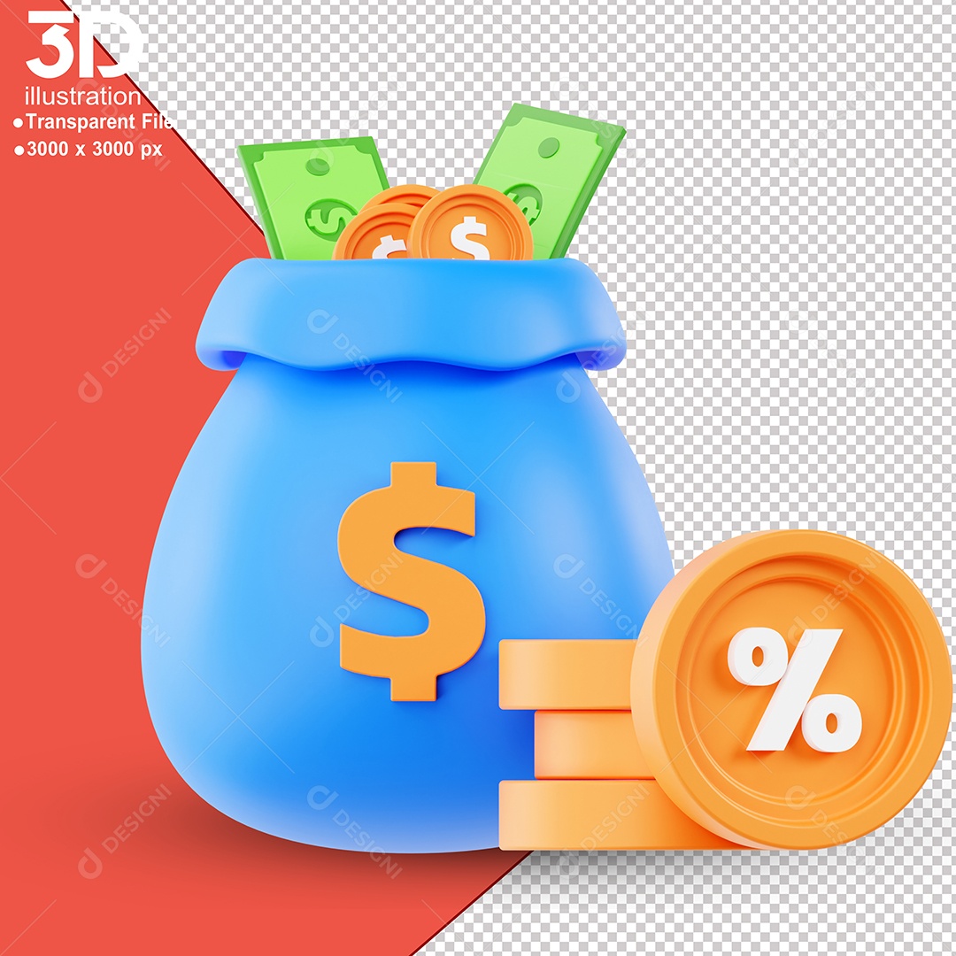 Saco de Moedas Elemento 3D para Composição PSD