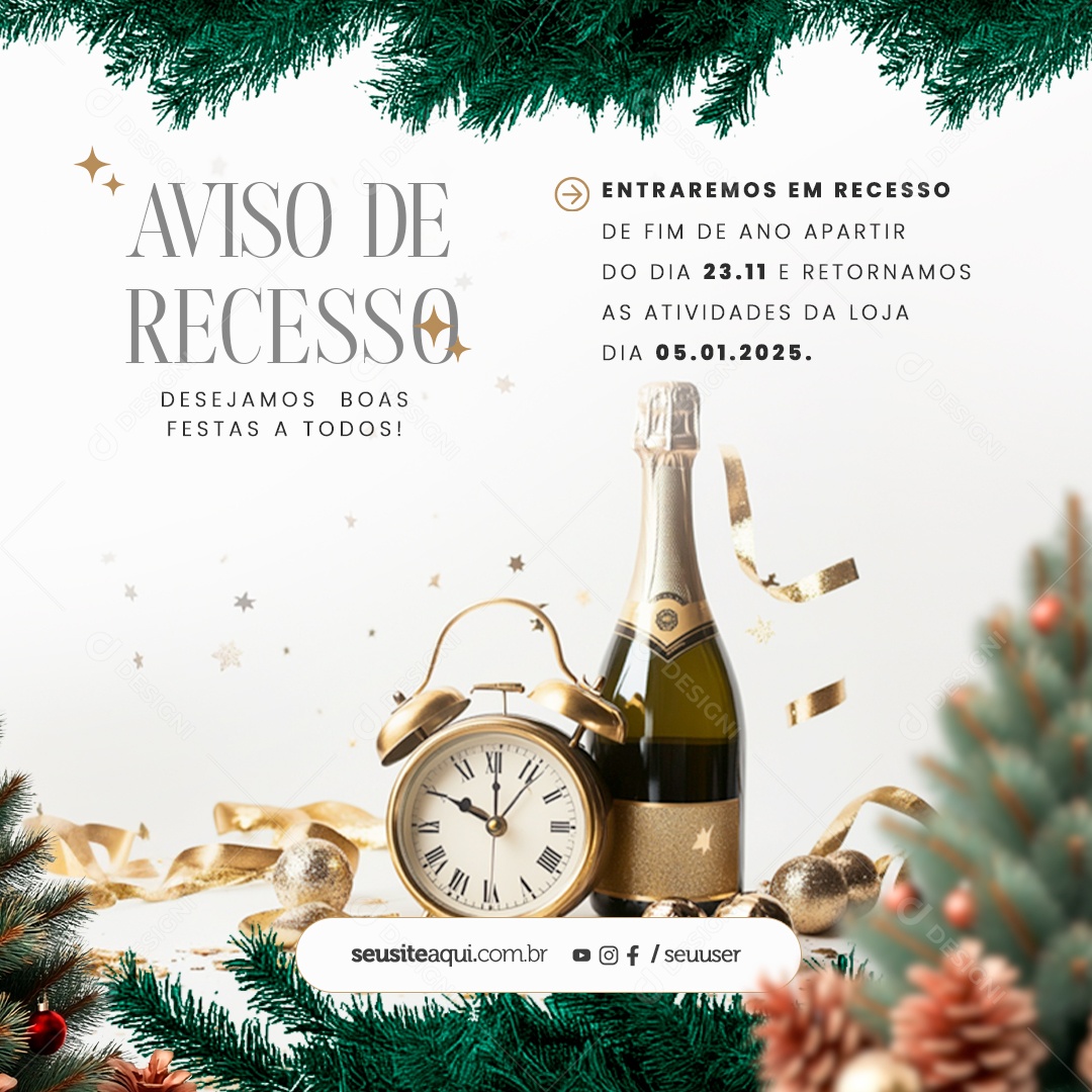 Aviso de Recesso Ano Novo Social Media PSD Editável