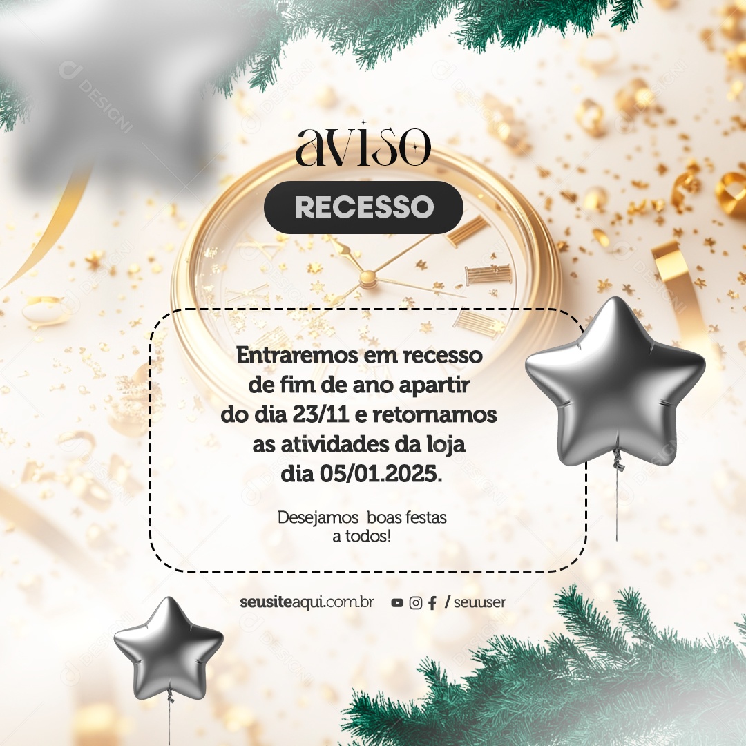 Aviso Recesso Ano Novo Social Media PSD Editável