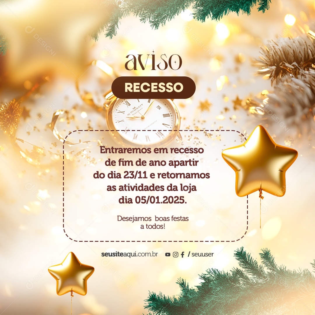 Aviso Recesso Ano Novo Social Media PSD Editável