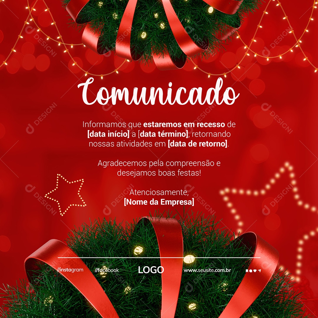 Aviso Recesso Natal Social Media PSD Editável