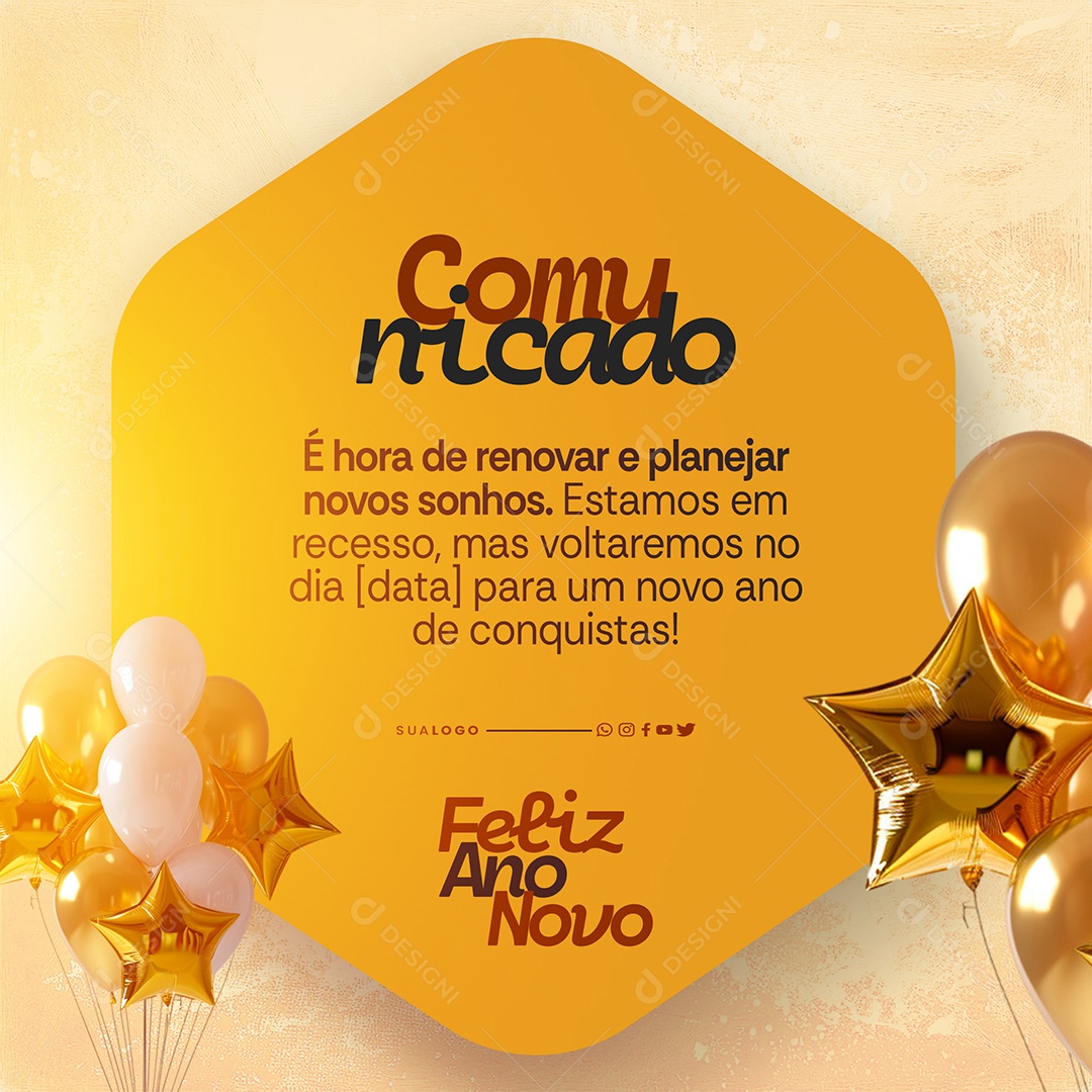 Comunicado Ano Novo é Hora de Renovar e Planejar Novos Sonhos Social Media PSD Editável