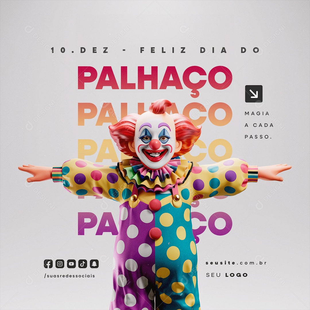 Feliz Dia Universal do Palhaço 10 de Dezembro Magia a Cada Passo Social Media PSD Editável