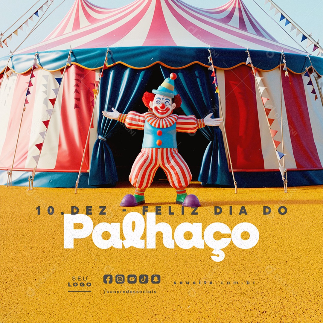 Feliz Dia Universal do Palhaço 10 de Dezembro Social Media PSD Editável
