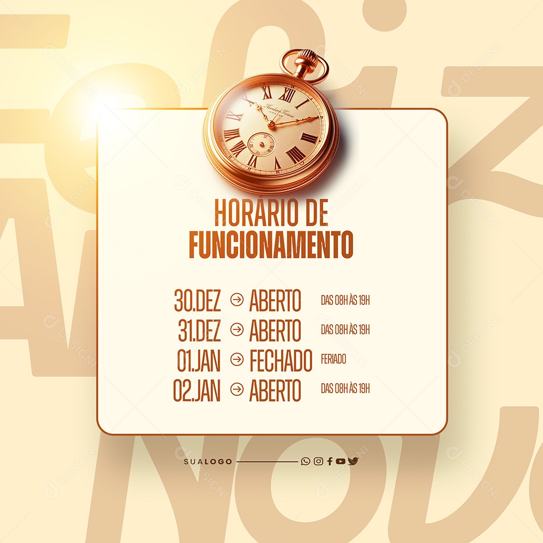 Comunicado Horário de Funcionamento Ano Novo Social Media PSD Editável