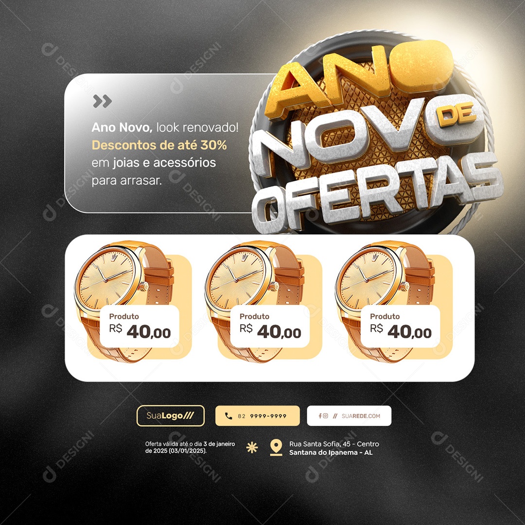 Ano Novo De Ofertas Relógio Social Media PSD Editável