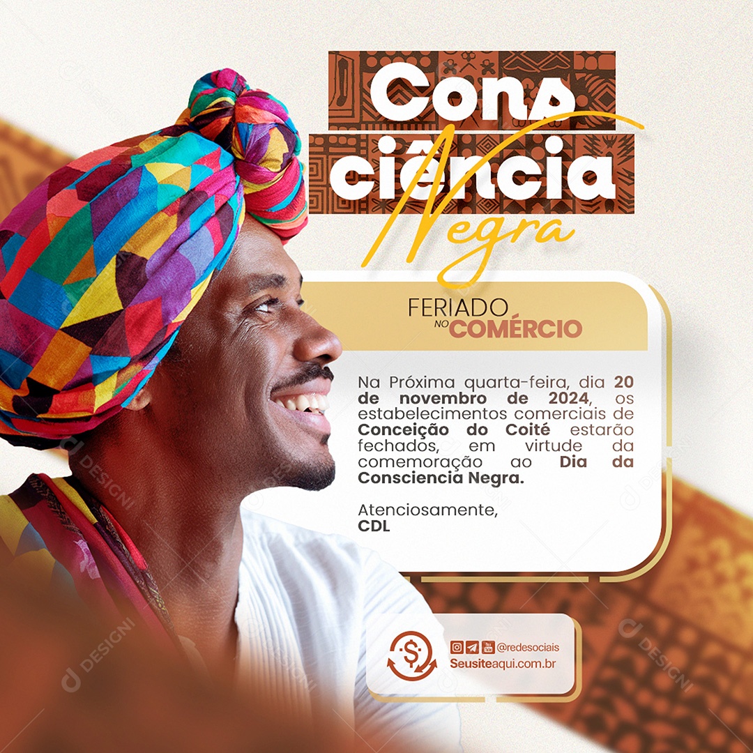 Comunicado Feriado dia da Consciência Negra Social Media PSD Editável