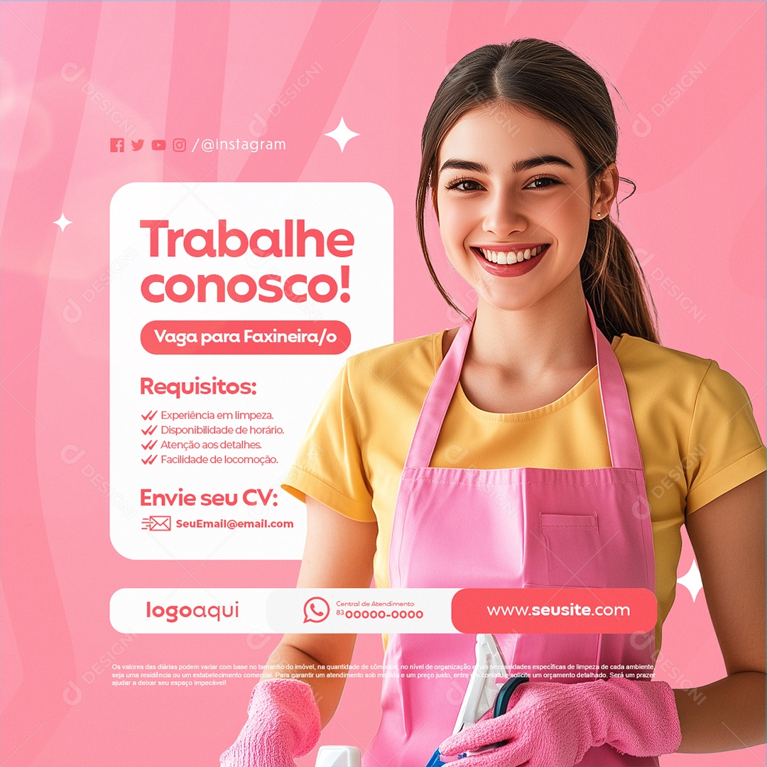 Faxineira Trabalhe Conosco Social Media PSD Editável