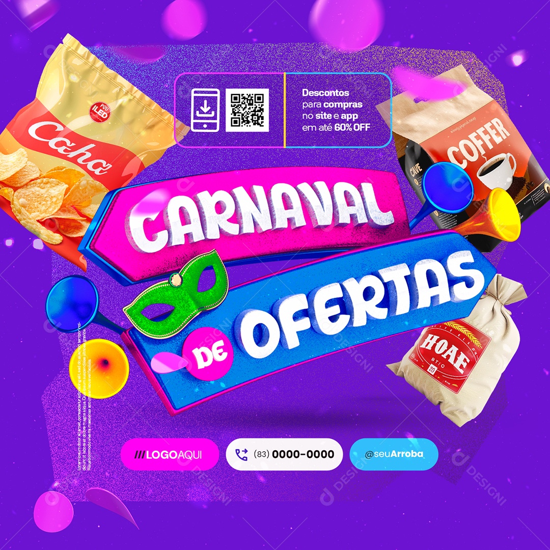 Supermercado Carnaval de Ofertas Batata Pacote de Café Social Media PSD Editável