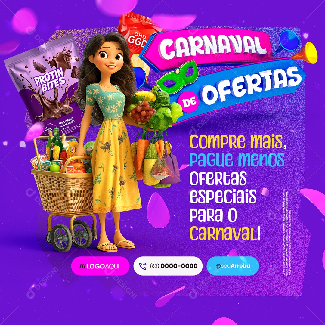 Supermercado Carnaval de Ofertas Compre Mais Pague Menos Social Media PSD Editável