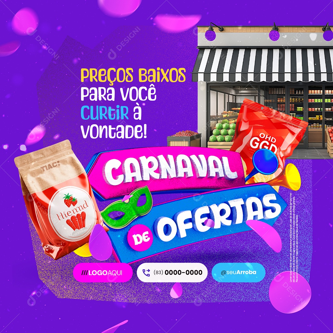 Supermercado Carnaval de Ofertas Preços Baixos Social Media PSD Editável