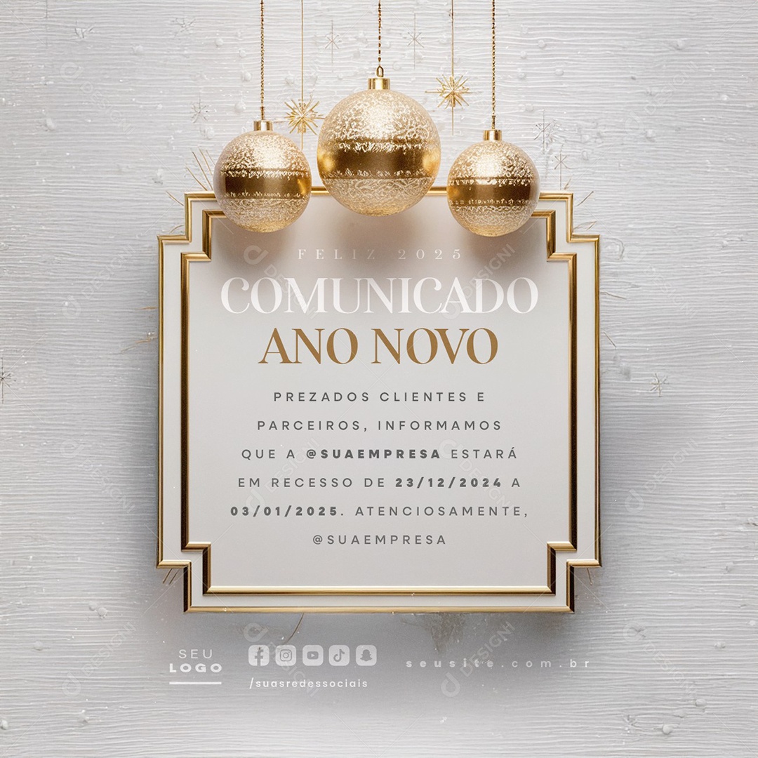 Feliz 2025 Comunicado Ano Novo Social Media PSD Editável