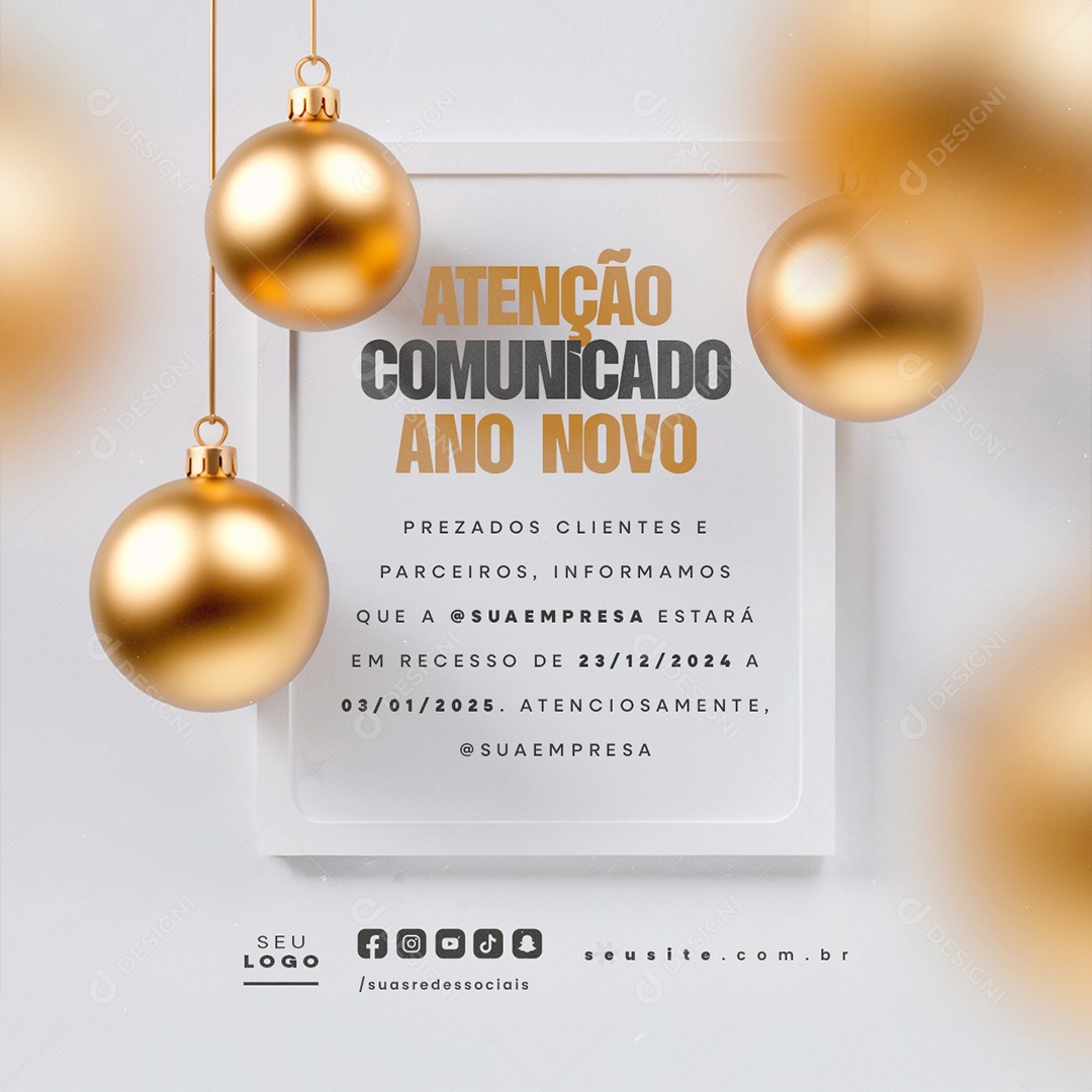 Atenção Comunicado Ano Novo Social Media PSD Editável
