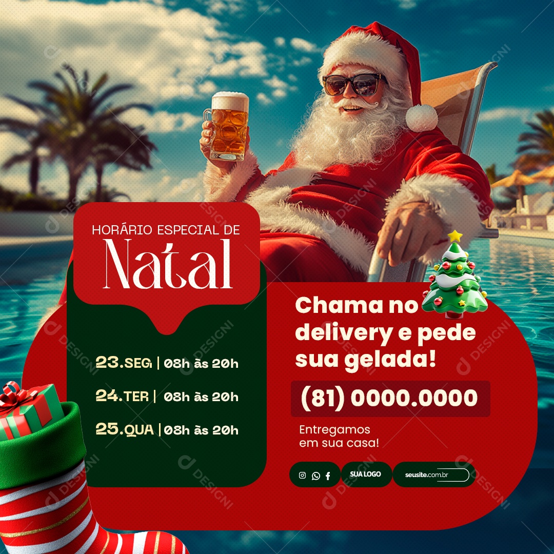 Horário de Natal Delivery Cervejaria Social Media PSD Editável