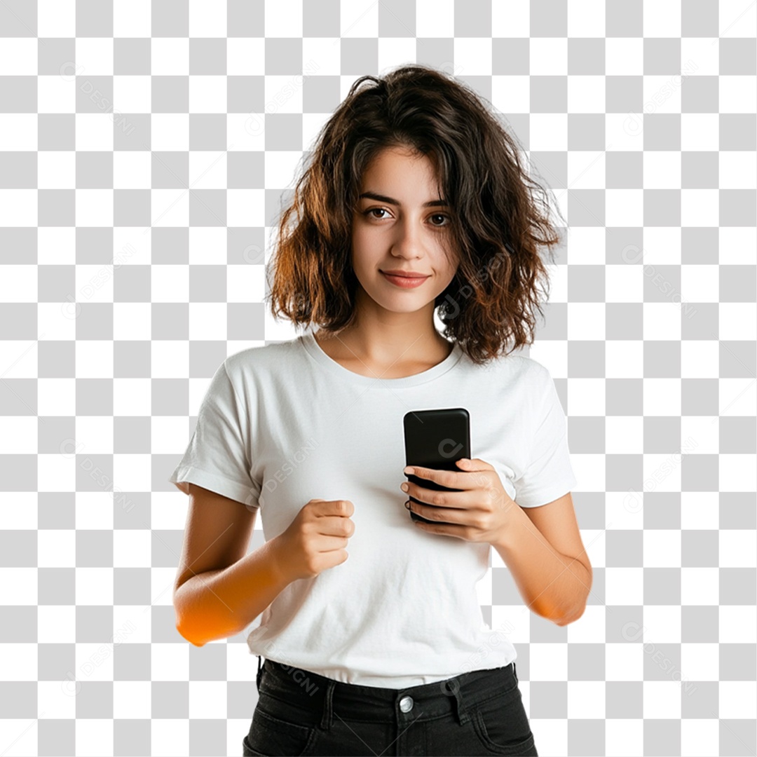 Mulher com Celular nas Mãos PNG Transparente