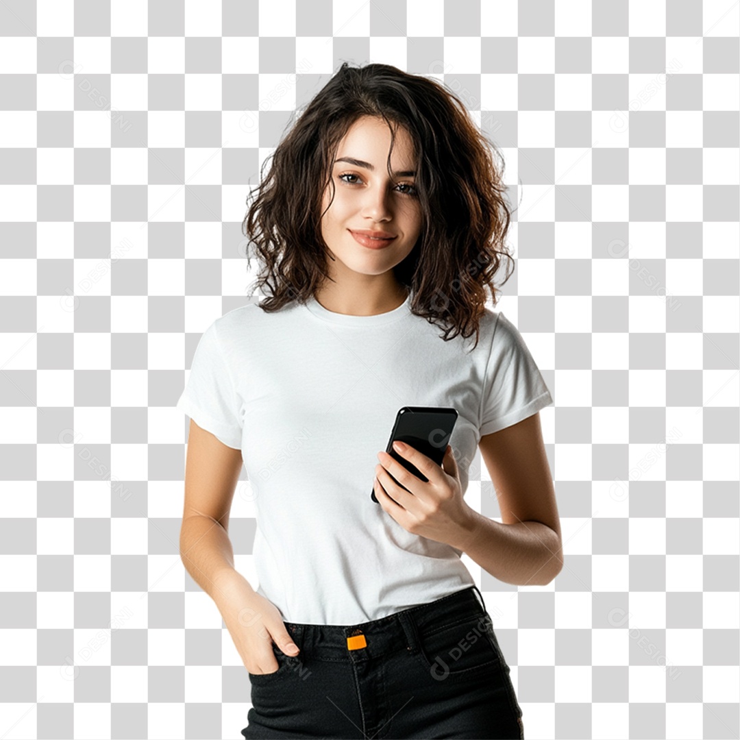 Mulher com Celular nas Mãos PNG Transparente