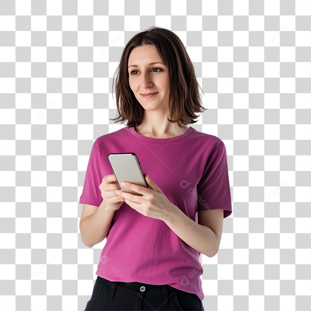 Mulher com Celular nas Mãos PNG Transparente
