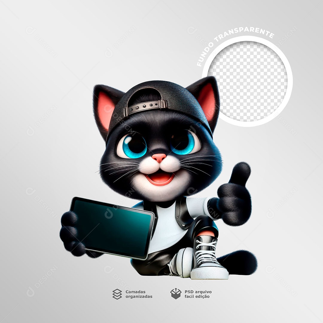 Gato Segurando Celular Fazendo Sinal de Positivo Elemento 3D para Composição PSD