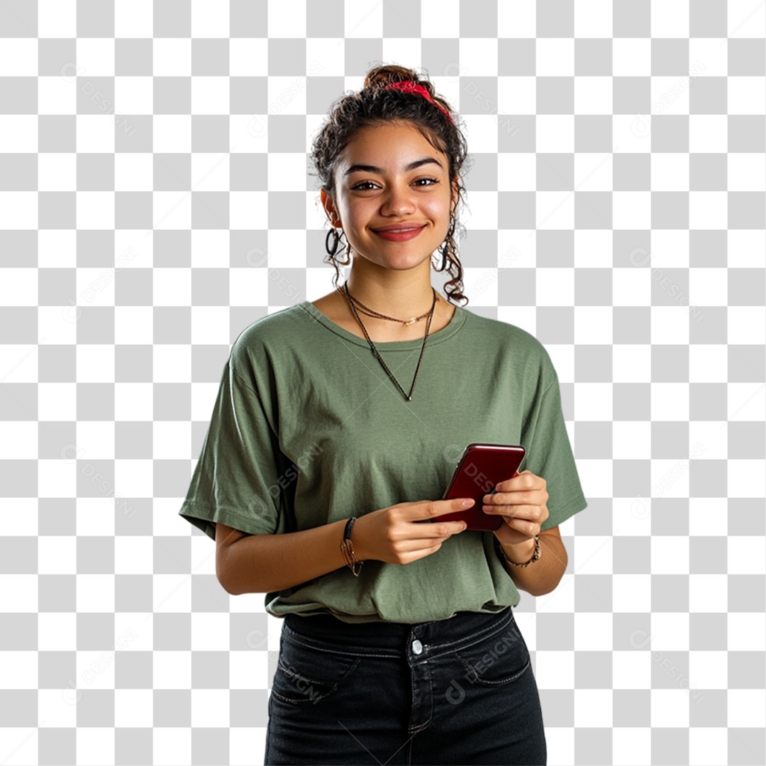 Mulher com Celular nas Mãos PNG Transparente