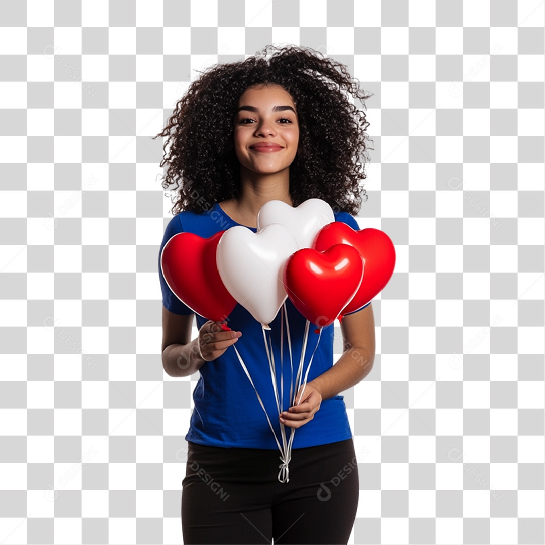 Mulher com Balões de Coração PNG Transparente