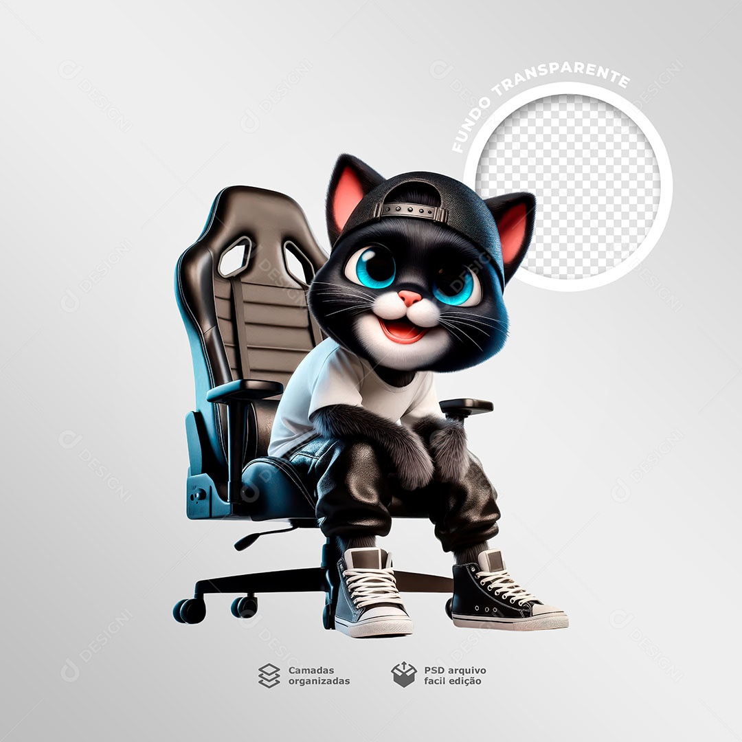 Gato Sentado em Cadeira Game Elemento 3D para Composição PSD