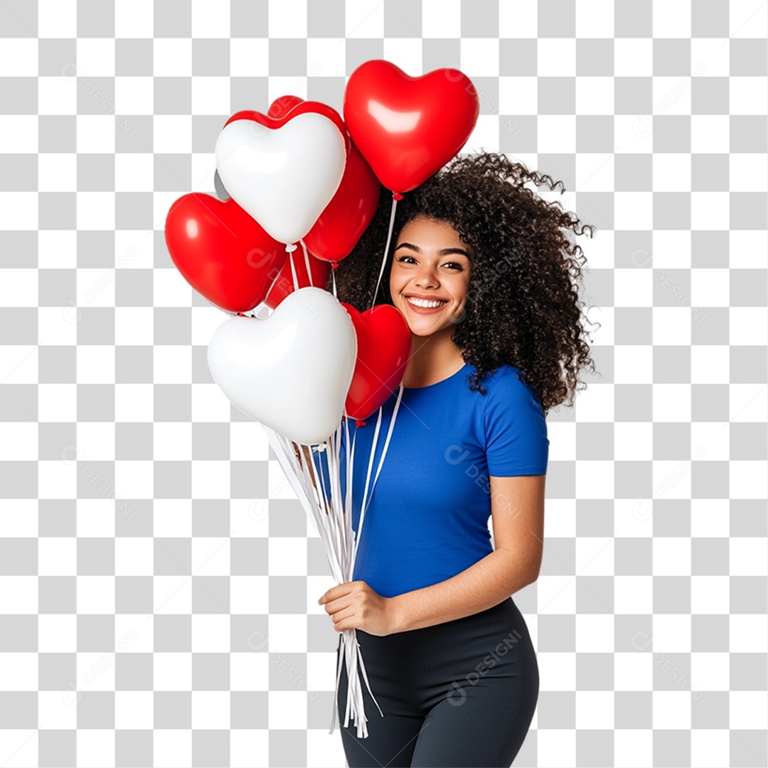 Mulher com Balões de Coração PNG Transparente