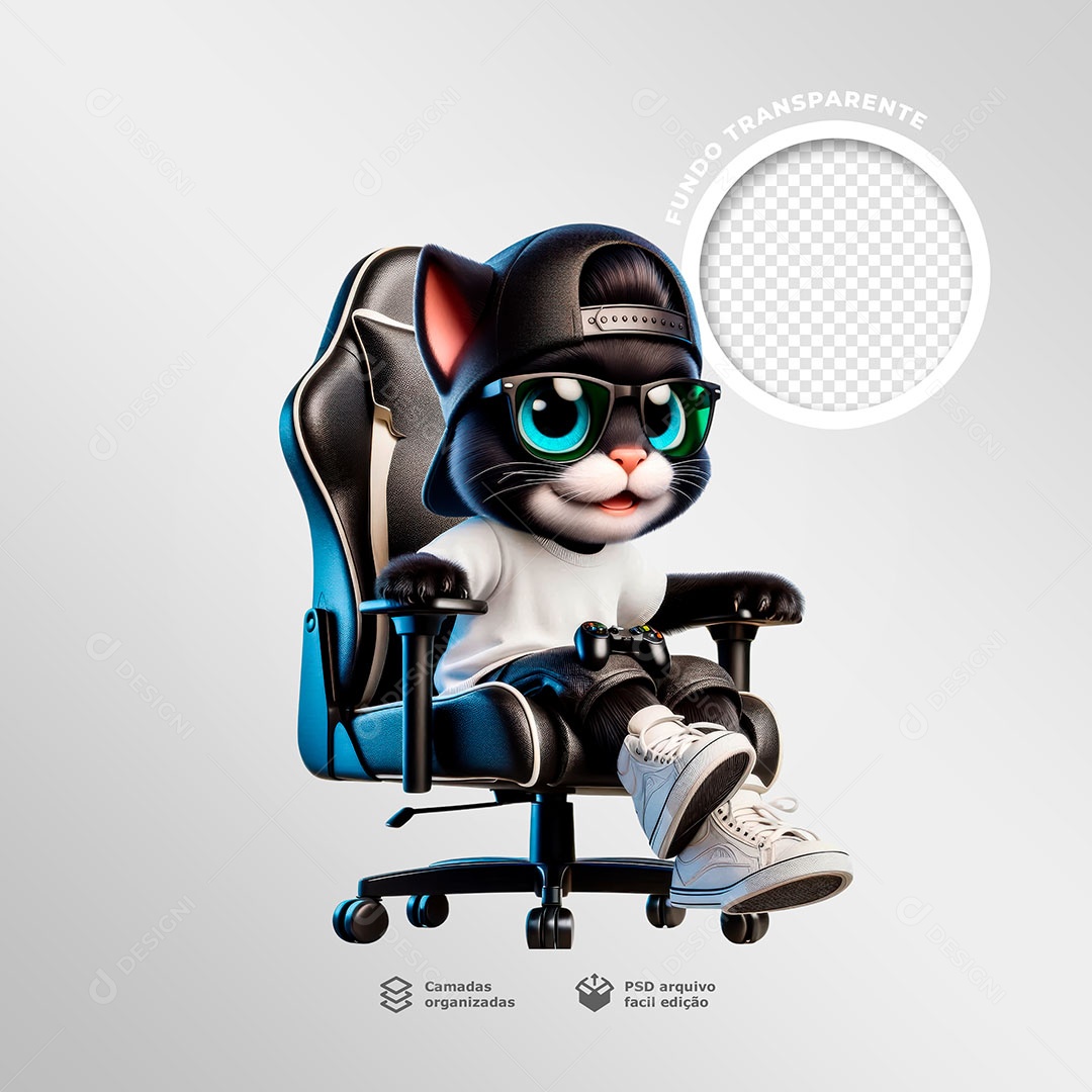 Gato Sentado em Cadeira Game Elemento 3D para Composição PSD