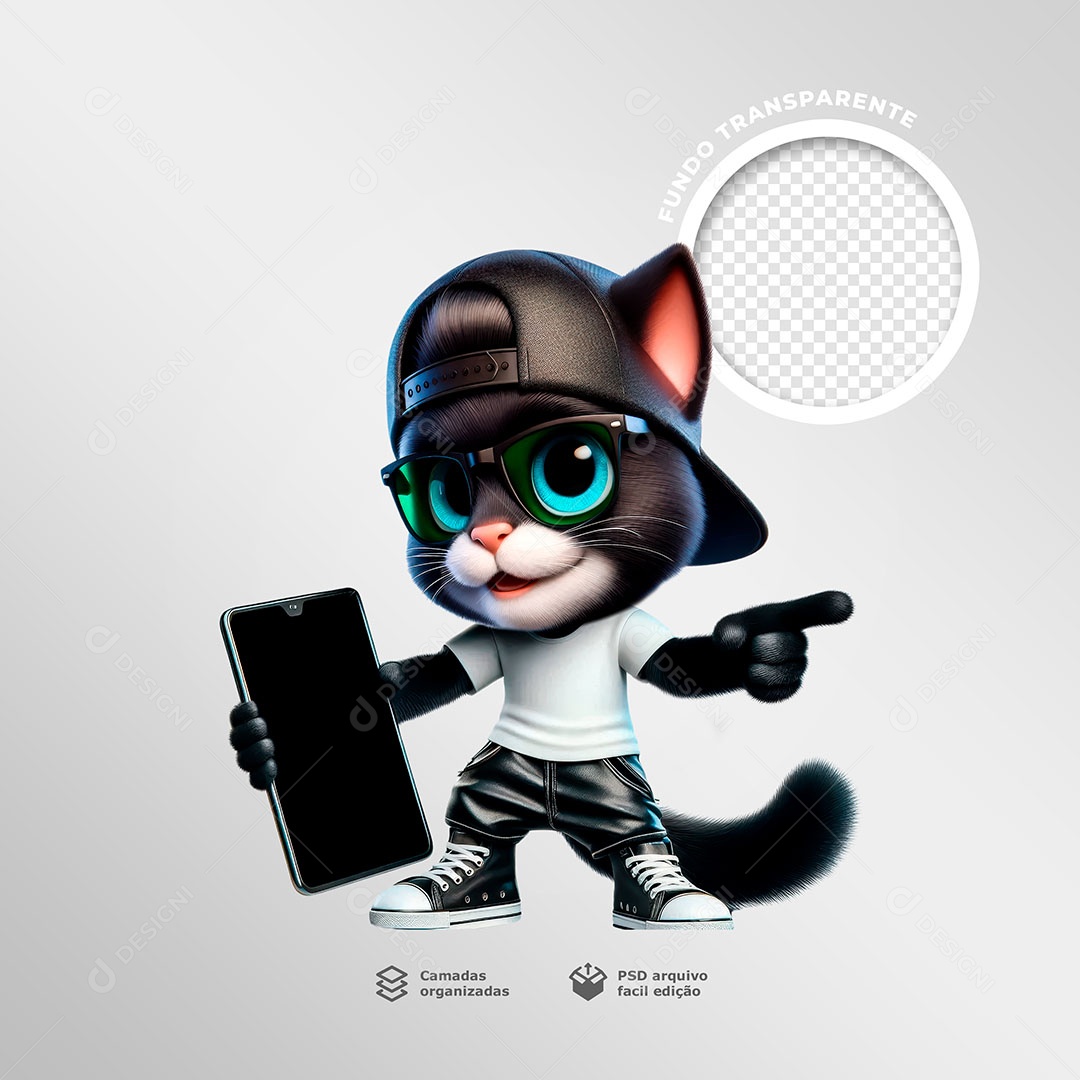 Gato Etiloso Segurando Celular Elemento 3D para Composição PSD