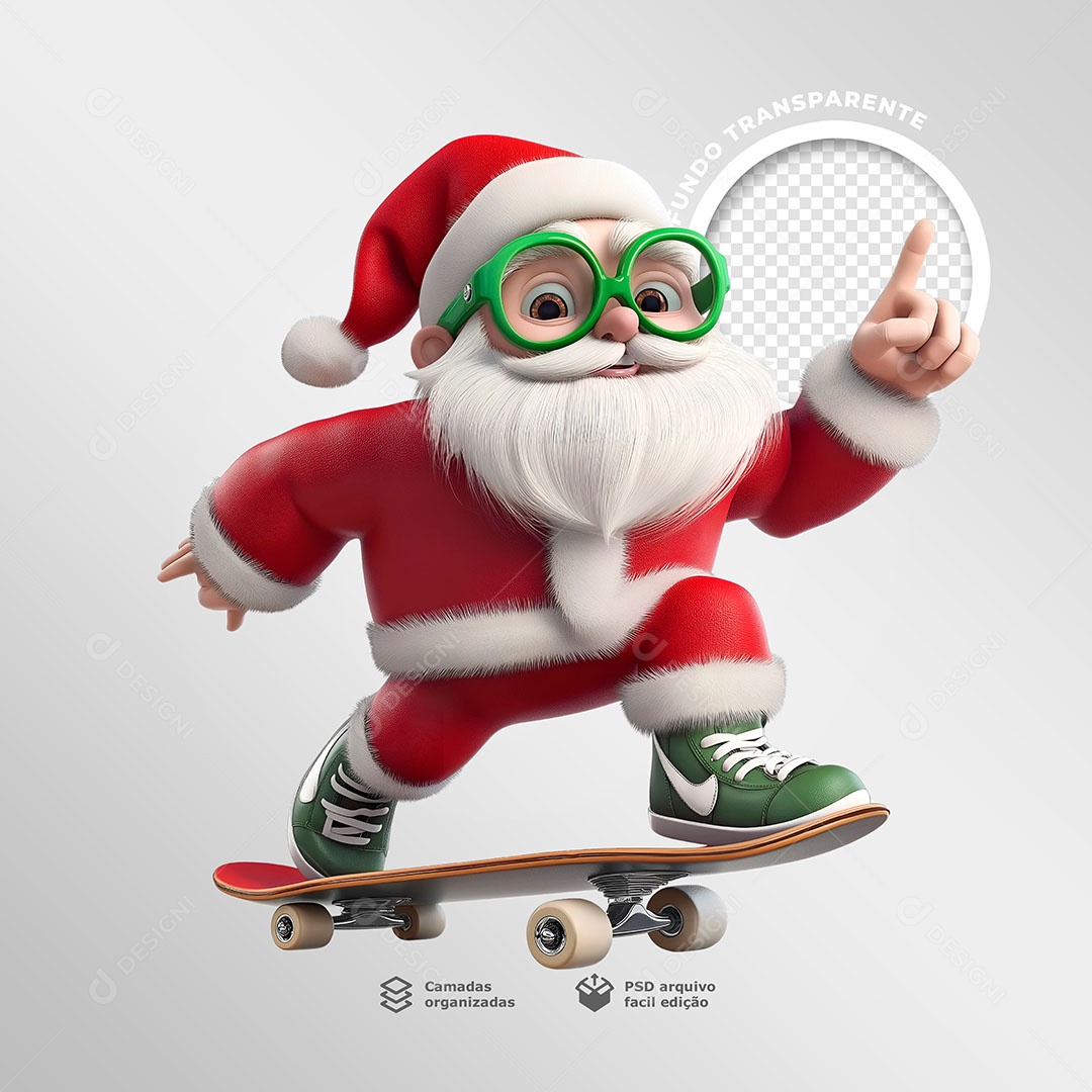 Papai Noel Andando de Skate Elemento 3D para Composição PSD