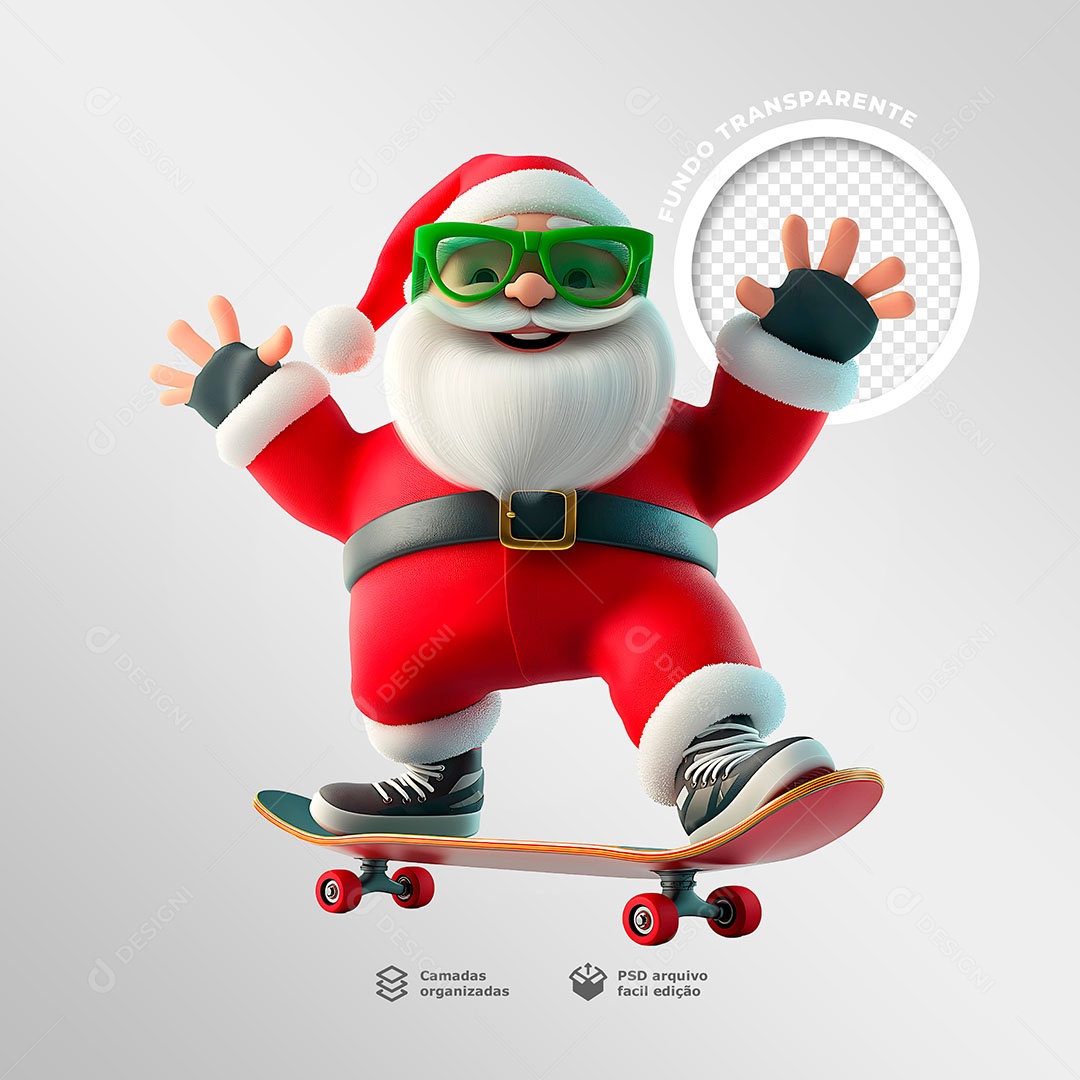 Papai Noel Andando de Skate Elemento 3D para Composição PSD