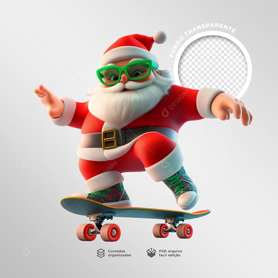 Papai Noel Andando de Skate Elemento 3D para Composição PSD