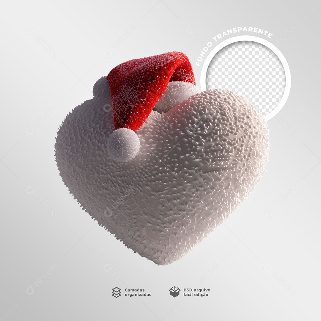 Coração Branco Com Gorro de Natal Elemento 3D para Composição PSD