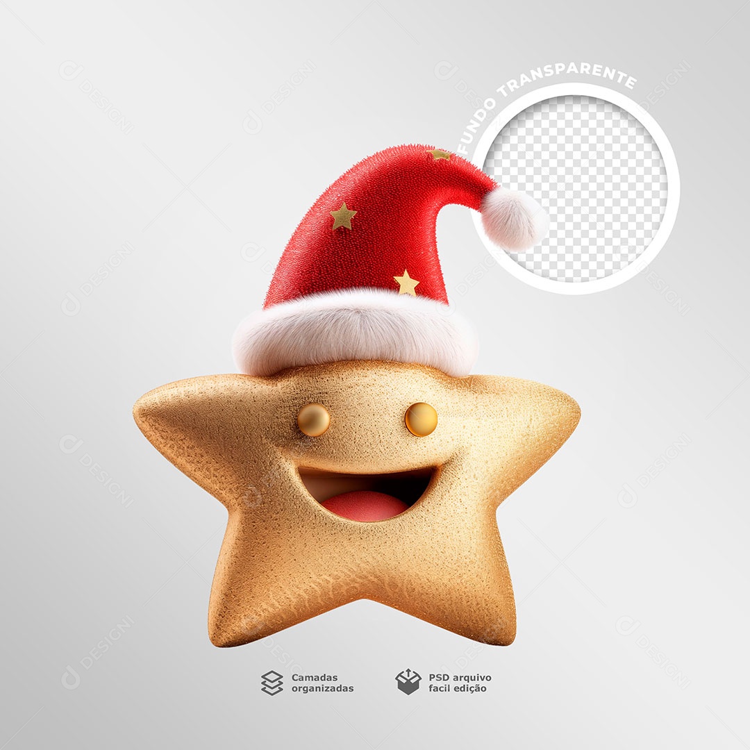 Estrela Com Gorro de Natal Elemento 3D para Composição PSD