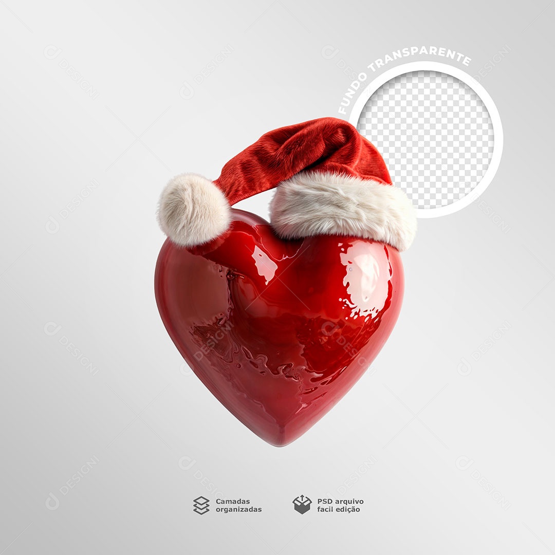 Coração com Gorro de Natal Elemento 3D para Composição PSD