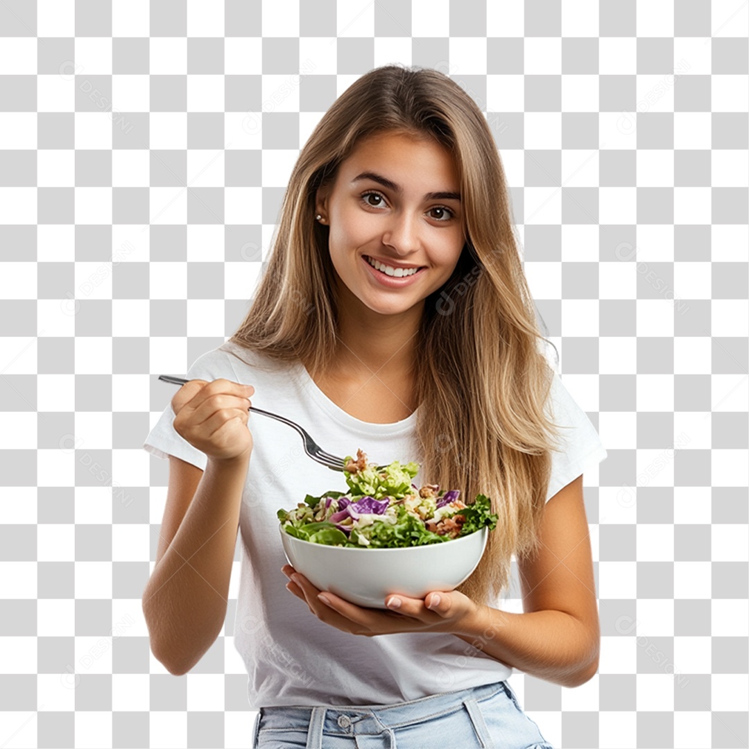 Mulher com Prato de Saladas PNG Transparente