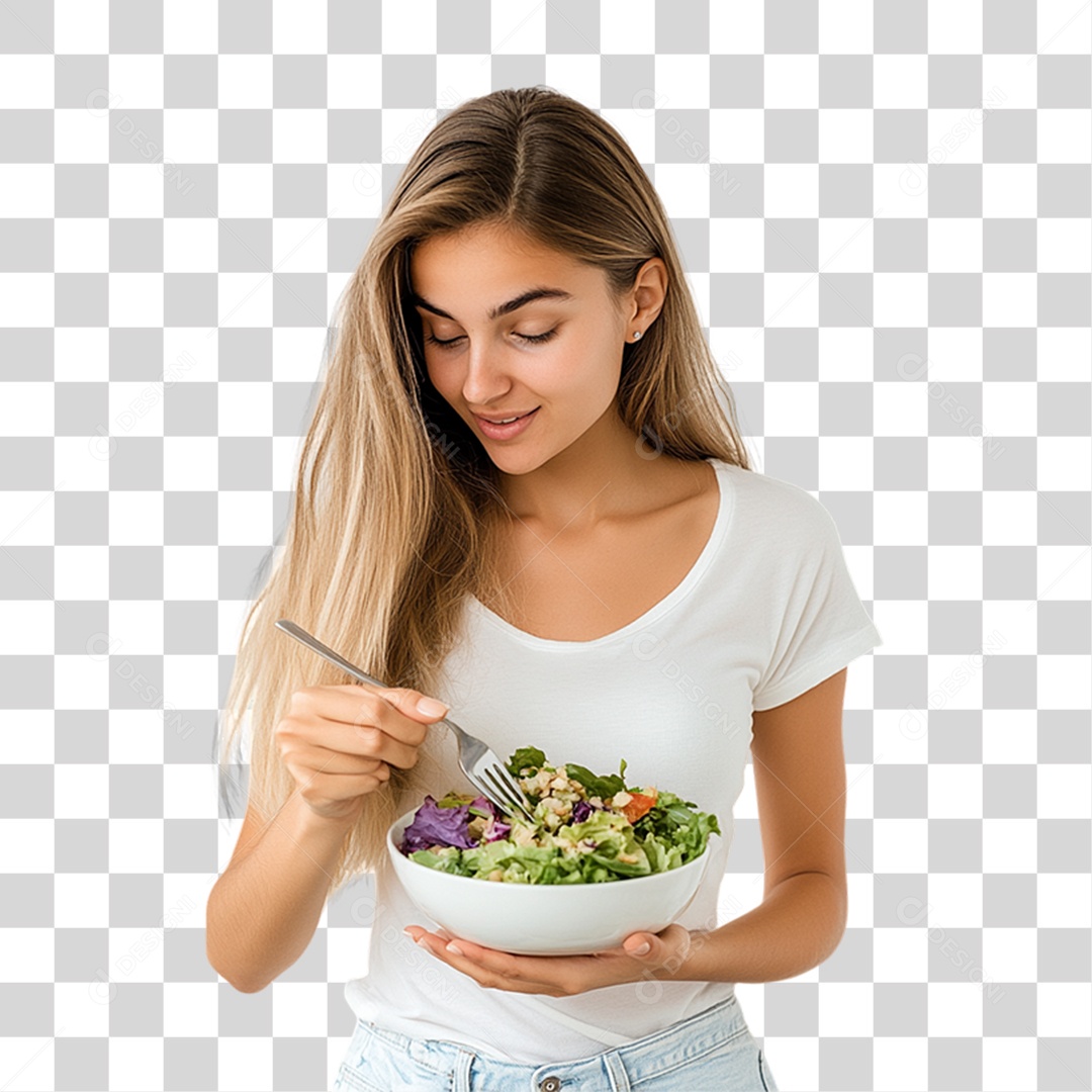 Mulher com Prato de Saladas PNG Transparente