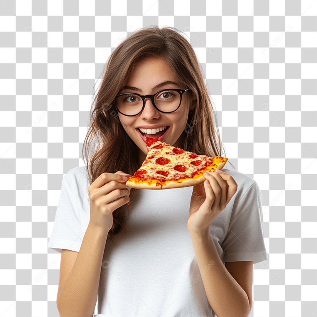 Mulher Comendo Fatia de Pizza PNG Transparente