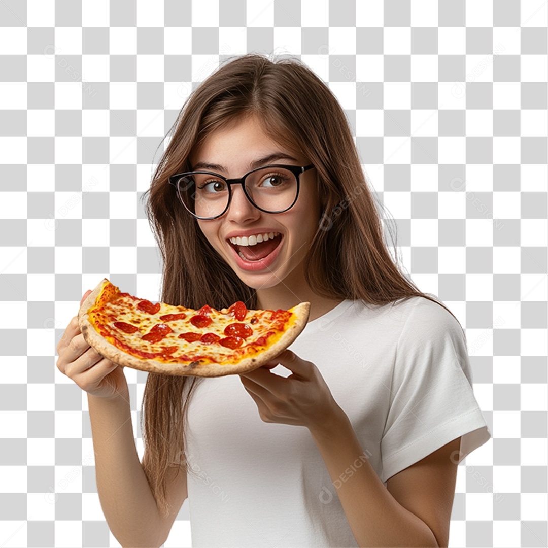 Mulher Comendo Fatia de Pizza PNG Transparente