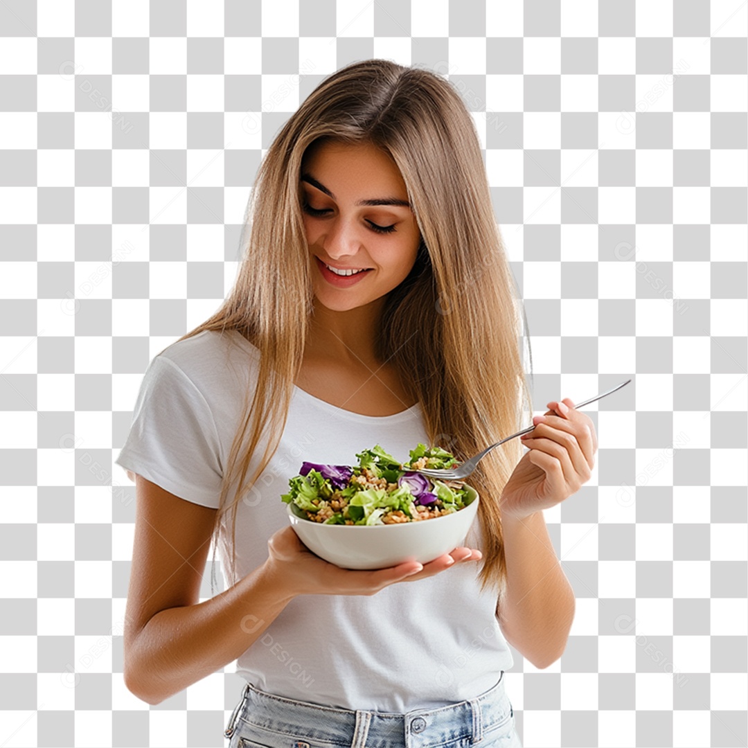 Mulher com Prato de Saladas PNG Transparente