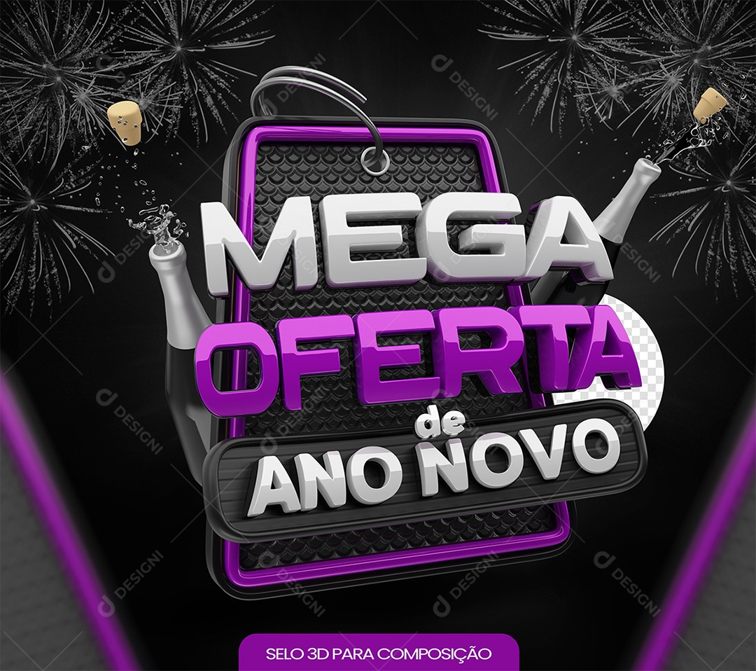 Mega Oferta de Ano Novo Selo 3D Cinza e Roxo para Composição PSD