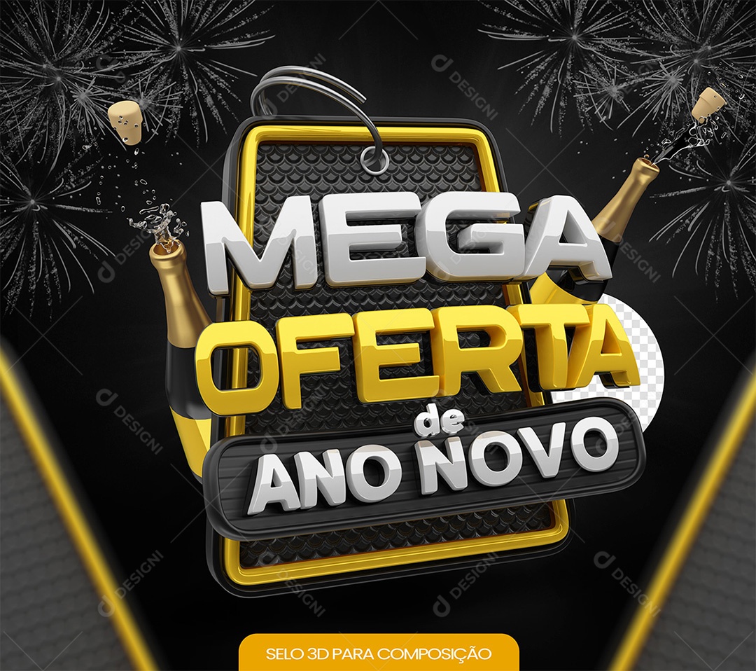 Selo 3D Mega Oferta de Ano Novo Branco e Amarelo para Composição PSD