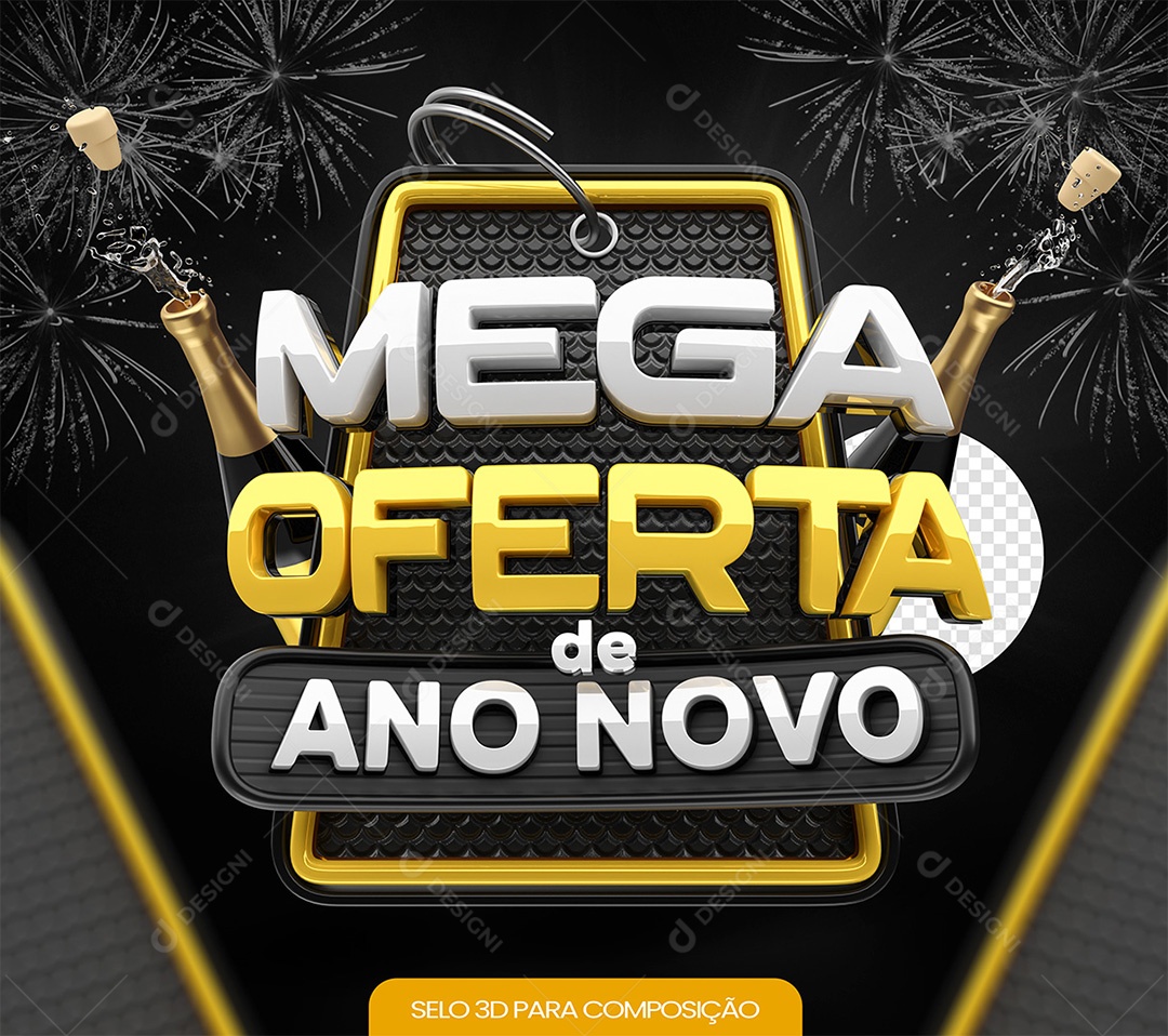 Mega Oferta de Ano Novo Selo 3D Branco e Amarelo para Composição PSD