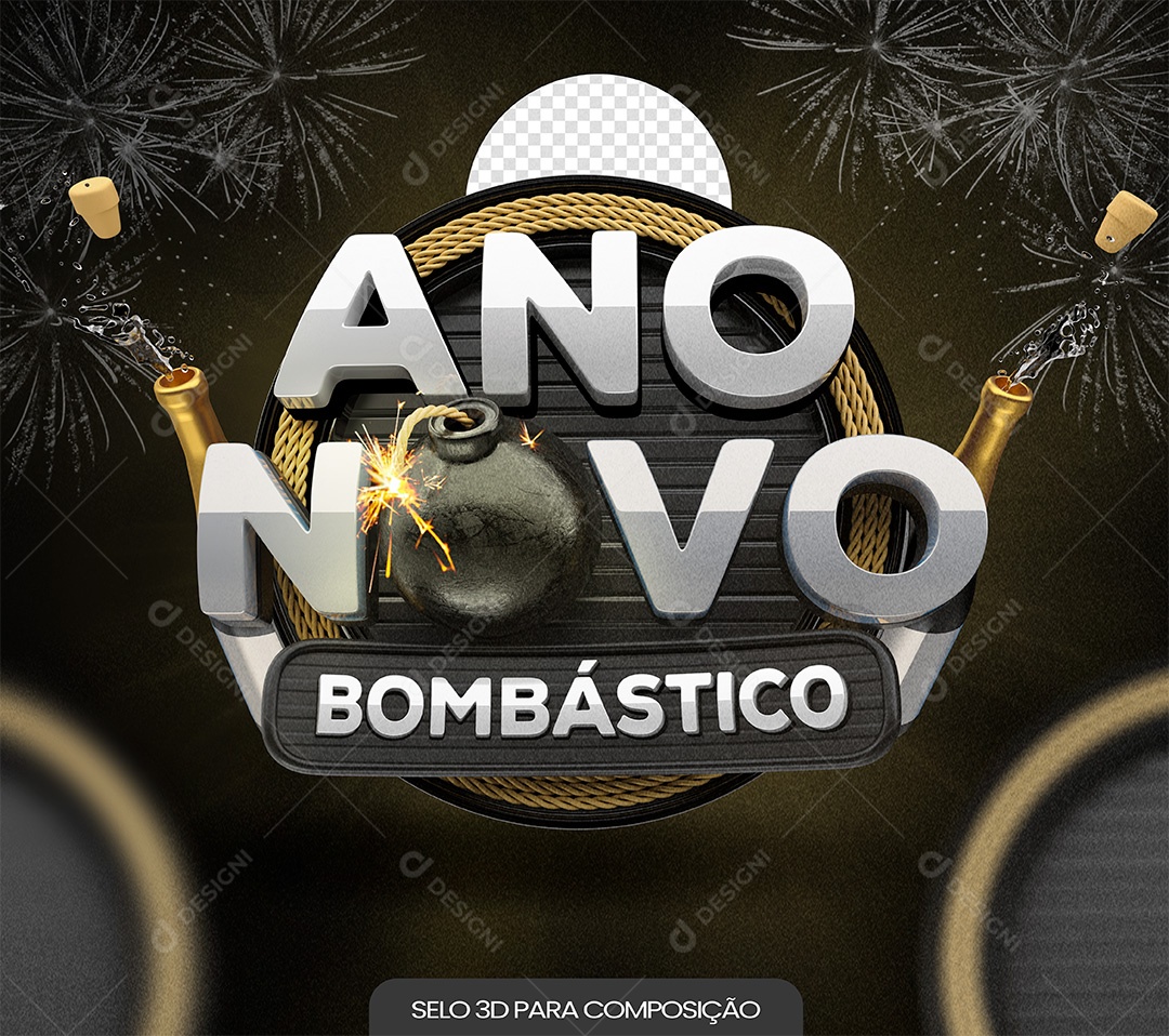 Ano Novo Bombástico Selo 3D Cinza para Composição PSD