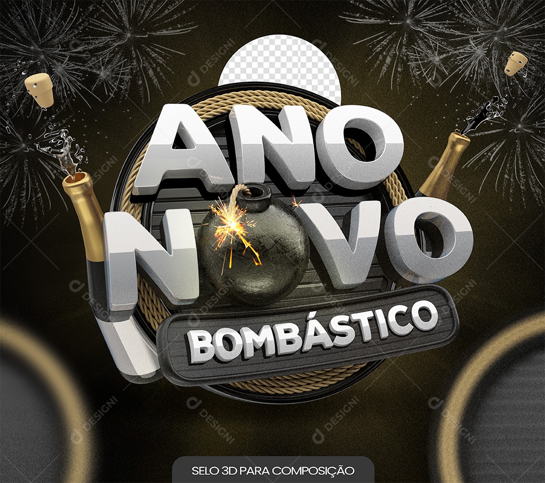 Ano Novo Bombástico Selo 3D Cinza para Composição PSD