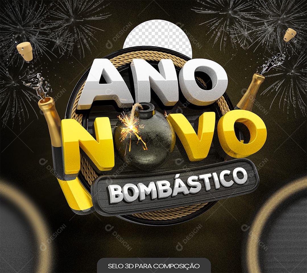 Ano Novo Bombástico Selo 3D Branco e Amarelo para Composição PSD
